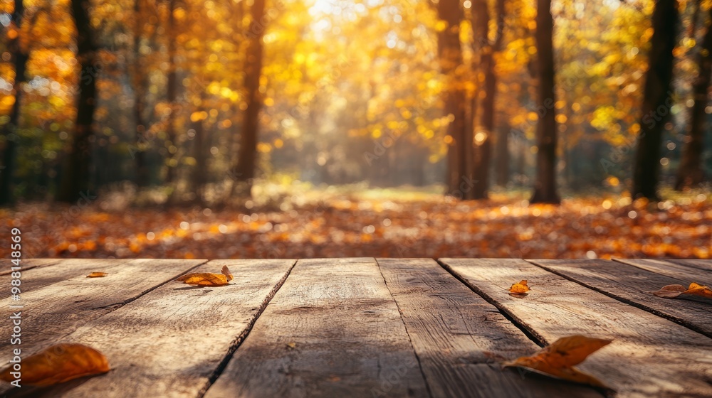Wooden table top with autumn forest. Beautiful fall background Wooden table top with autumn forest. Beautiful fall background