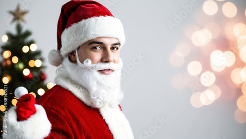 Young man wearing santa claus costume isolated on white background