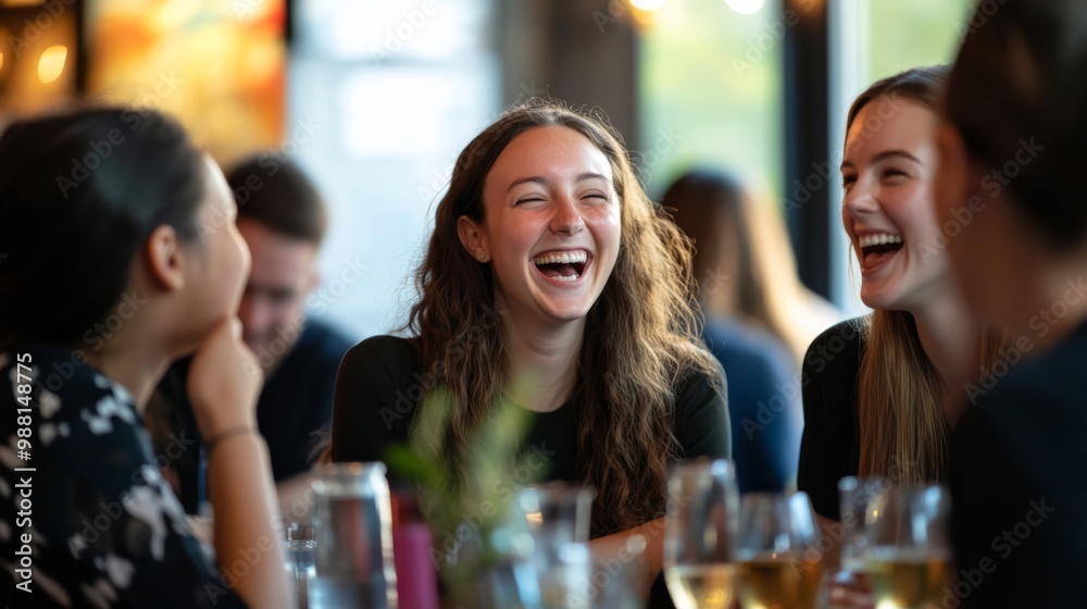 Friends enjoy a joyful moment at a social gathering, laughing and sharing drinks in a lively, bright atmosphere. Friends enjoy a joyful moment at a social gathering, laughing and sharing drinks in a lively, bright atmosphere.