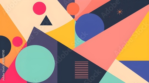 A colorful composition of geometric shapes in a playful arrangement.