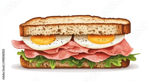 Simple and Delicious German Sandwich with Ham and Eggs in Minimal Vector Style on White Background for Designers and Food Enthusiasts