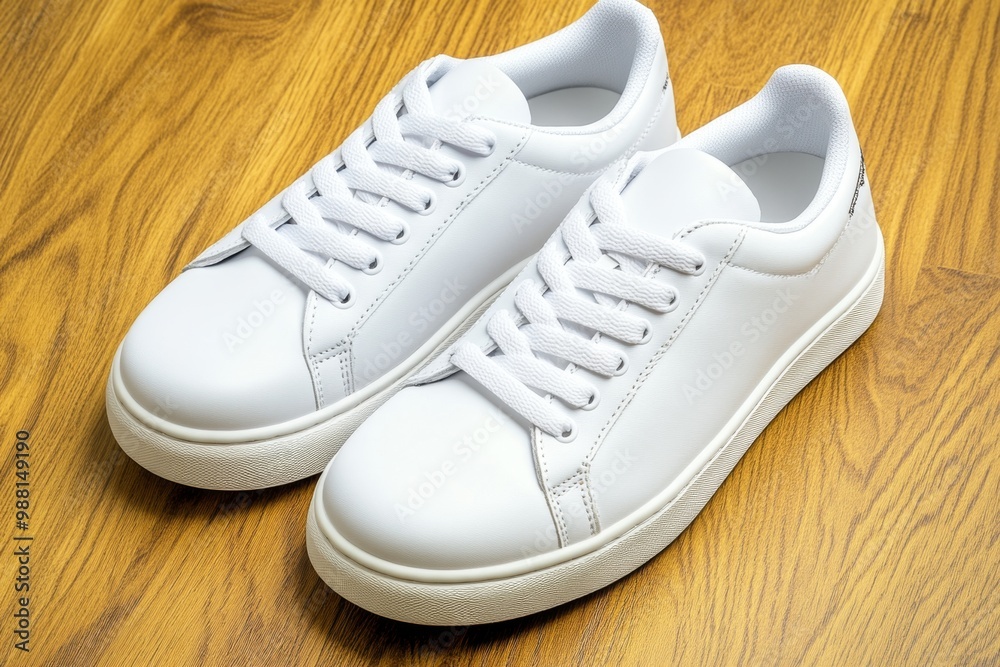 A pair of simple white sneakers on a wooden floor, with soft shadows and no other clutter