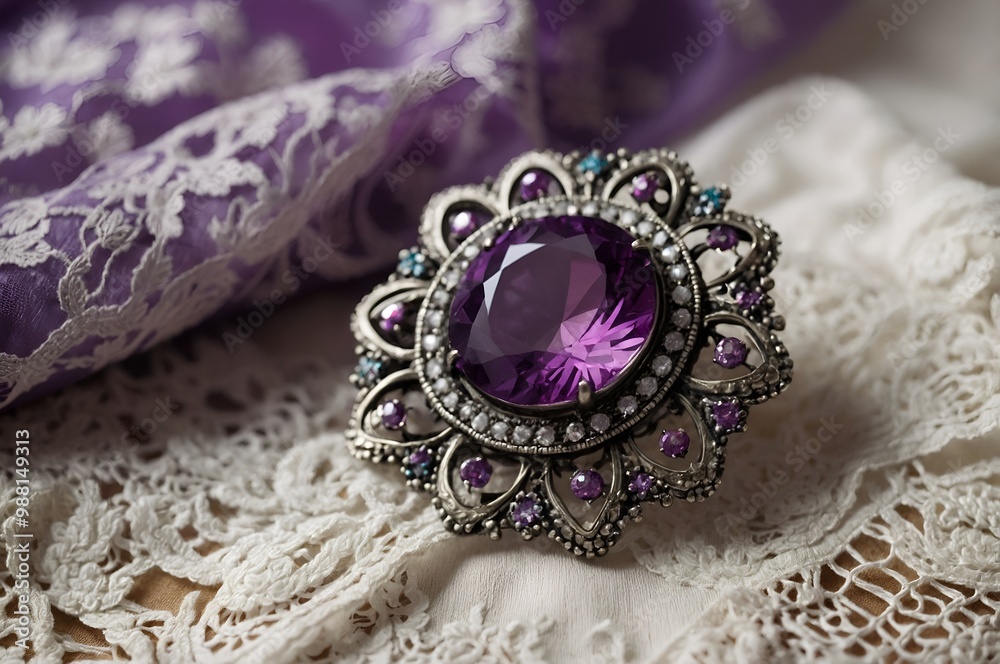 Obraz premium An intricately designed brooch featuring a sparkling purple gemstone, elegantly displayed on a delicate lace fabric, merging vintage charm with modern elegance.