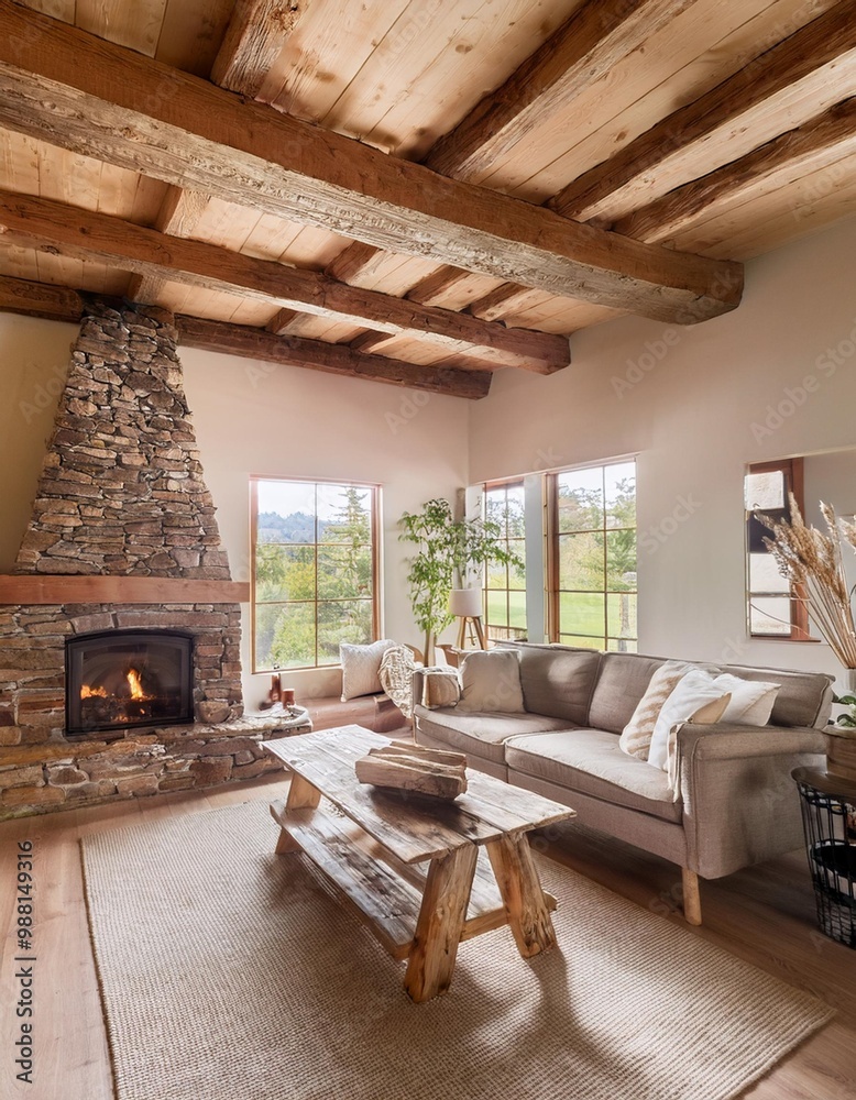 Cozy rustic living room interior with exposed wooden beams and natural stone fireplace Cozy rustic living room interior with exposed wooden beams and natural stone fireplace