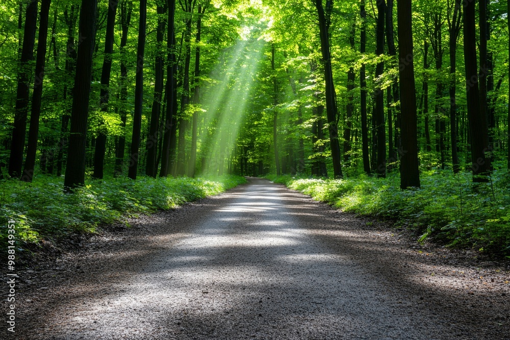 Fototapeta premium A peaceful forest path, with sunlight filtering through the trees and birds singing, creating a relaxing atmosphere for a walk