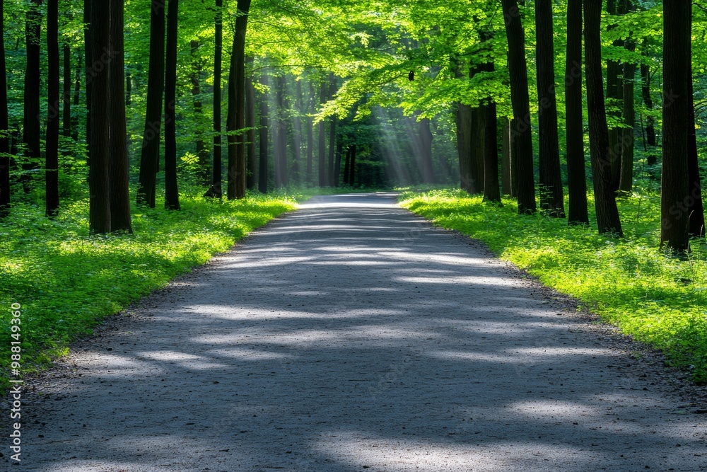 Fototapeta premium A peaceful forest path, with sunlight filtering through the trees and birds singing, creating a relaxing atmosphere for a walk