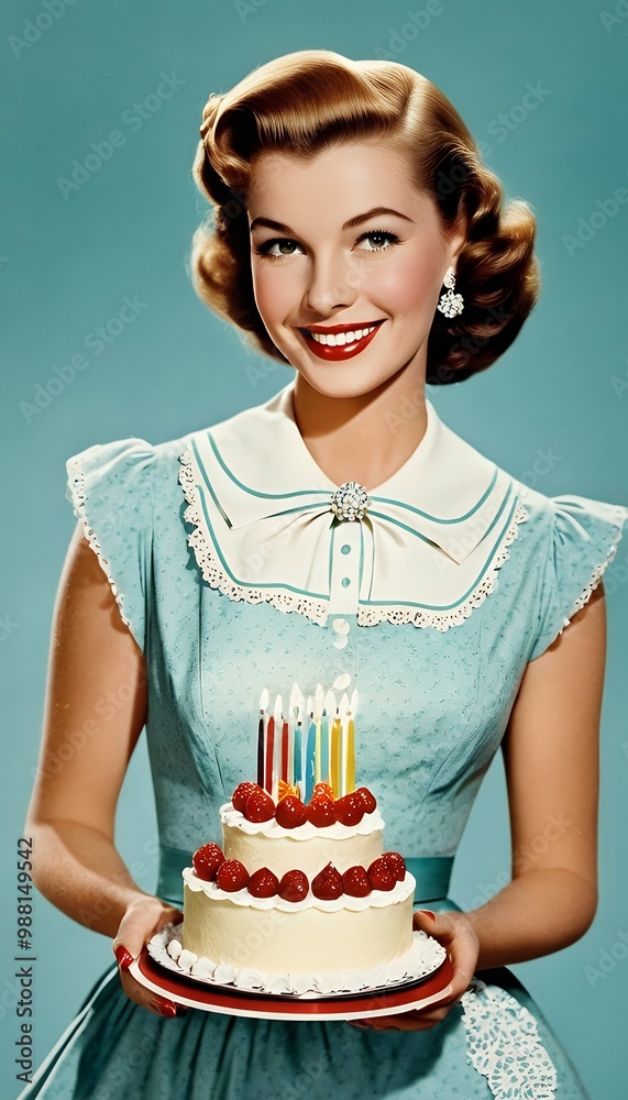 holding delicious illustration cheerful 1950s style housewife cake vintage birthday woman cake illustration vintage homemaker birthday apron retro 1950s isolated cut-out cut-out 50s happy poster