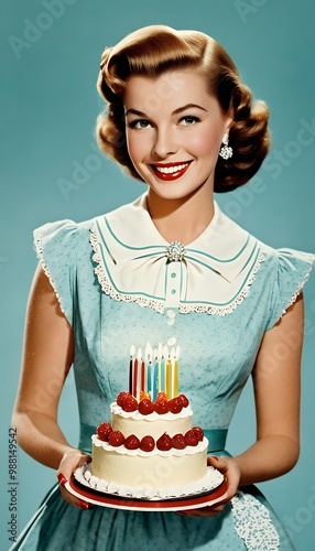 Obraz na płótnie holding delicious illustration cheerful 1950s style housewife cake vintage birthday woman cake illustration vintage homemaker birthday apron retro 1950s isolated cut-out cut-out 50s happy poster w salonie