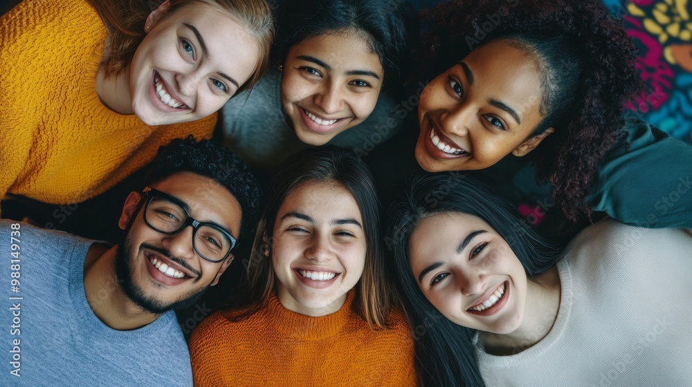 A joyful group of diverse friends smiling together, wearing colorful sweaters, creating a warm and cheerful atmosphere. A joyful group of diverse friends smiling together, wearing colorful sweaters, creating a warm and cheerful atmosphere.