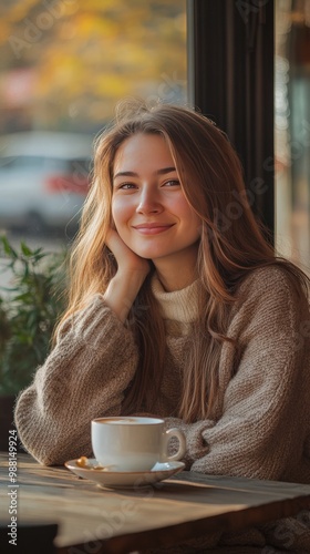 Happy woman in a terrace drinking coffee looking away