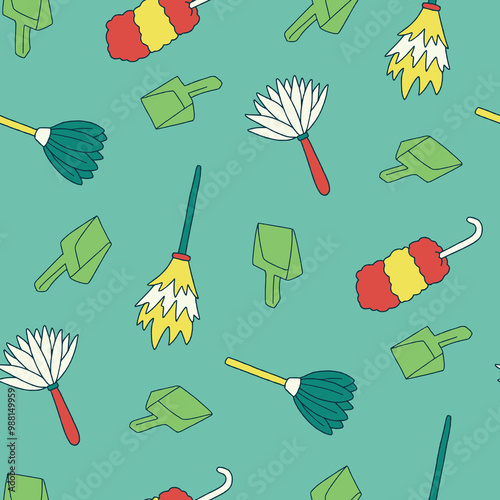 Feather Duster Dustpan Vector Seamless Pattern illustration Design
