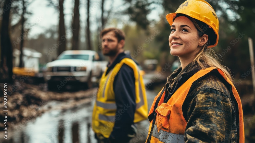 Two construction workers, smiling, wearing safety gear, standing near a muddy path in a forested area, showcasing teamwork and professionalism. Two construction workers, smiling, wearing safety gear, standing near a muddy path in a forested area, showcasing teamwork and professionalism.