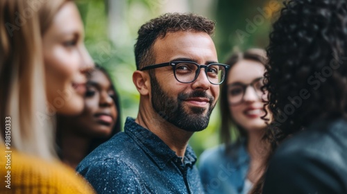 A man in glasses smiles engagingly amidst a diverse group of women, capturing a moment of camaraderie and connection outdoors. photo