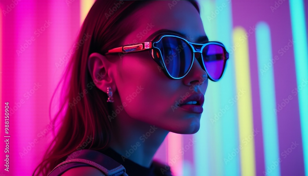 A woman wearing sunglasses with a purple background A woman wearing sunglasses with a purple background