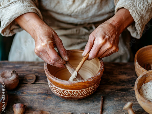 An artisan workshop featuring traditional Russian crafts like wood carvings, pottery, and textiles. Show the tools, materials, and skilled hands at work. photo