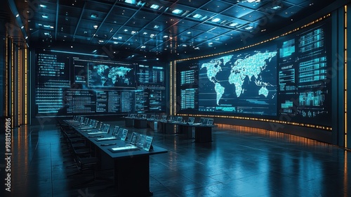 Futuristic Control Room with World Map Display and Monitors