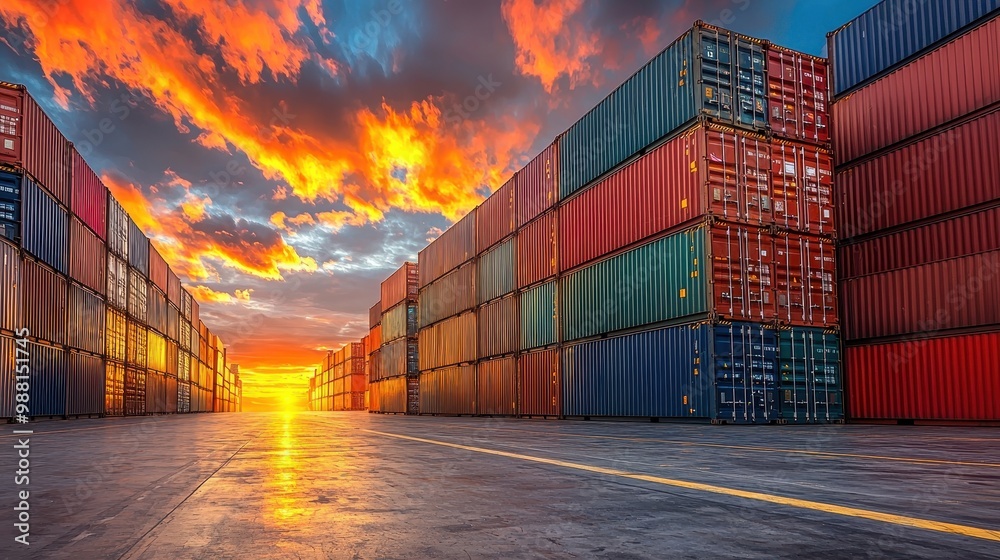 Fototapeta premium Cargo Containers at Sunset with Dramatic Sky