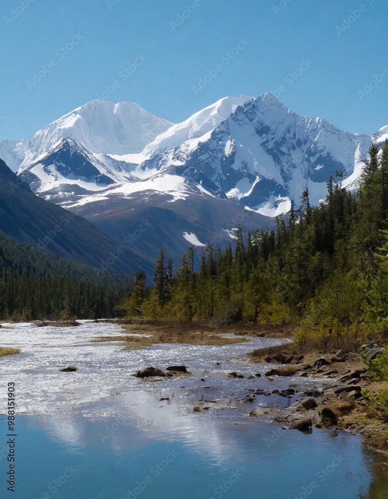 Snow-capped peaks in a remote mountain range, surrounded by untouched wilderness Snow-capped peaks in a remote mountain range, surrounded by untouched wilderness