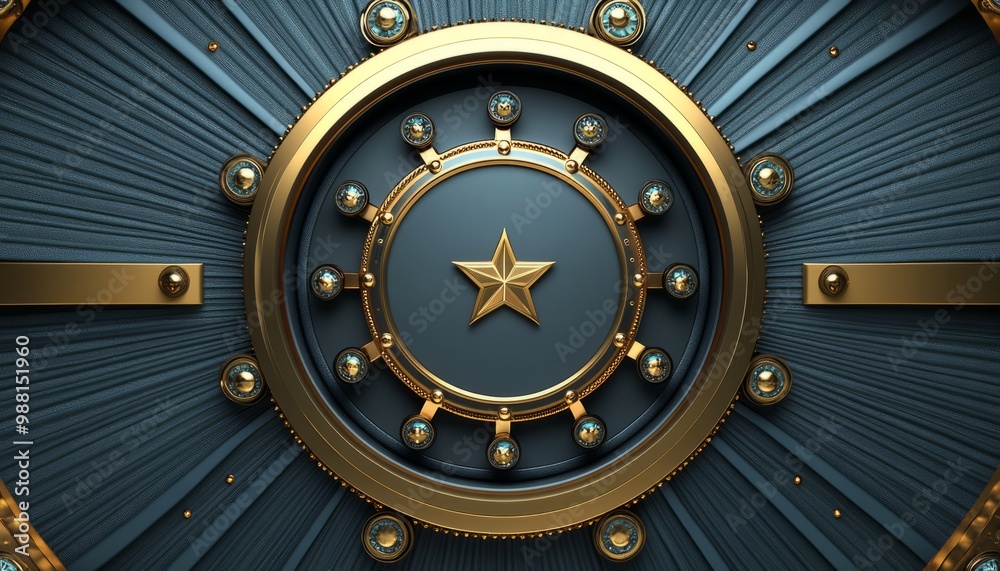 Naklejka premium Golden Star Emblem on a Black and Gold Door with Circular Design