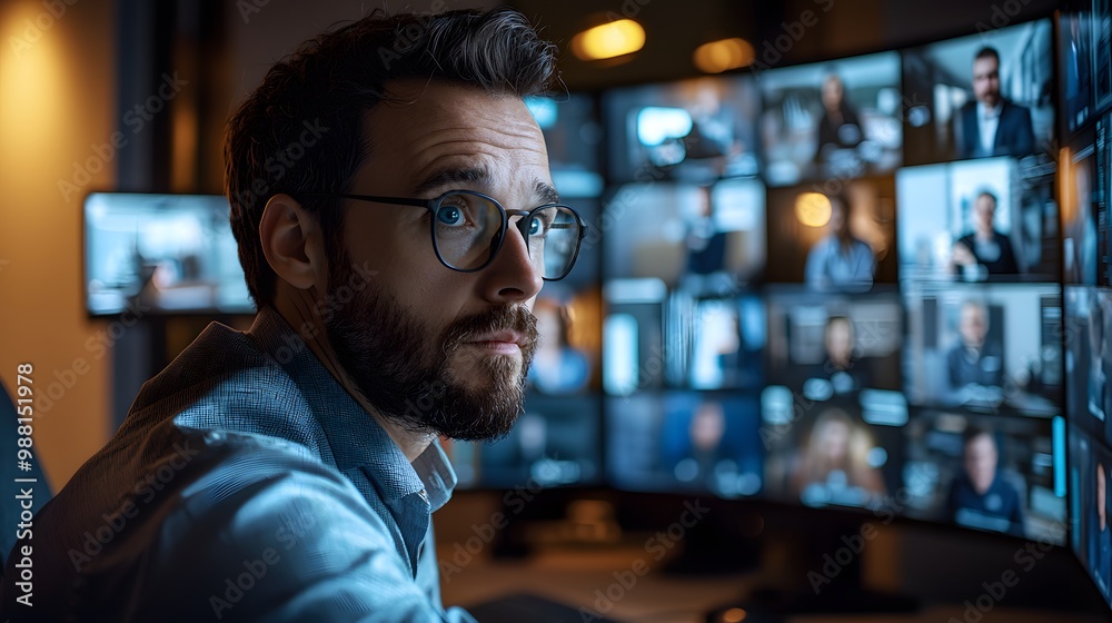 Concentration: A young Caucasian man with glasses focuses on multiple video calls.