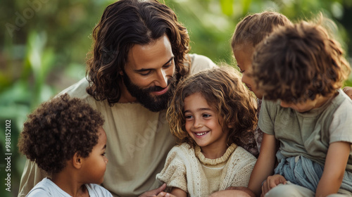 A close-up of Jesus sitting with children, teaching them with kind and loving expressions, surrounded by greenery