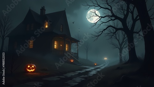 Eerie Halloween night with a spooky house and glowing jack-o'-lanterns.