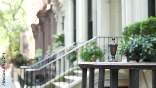 New York City townhouse building, Brooklyn Heights residential district, USA. Brownstone urban architecture, attached house. United States real estate, american property, apartments and homes in NYC.