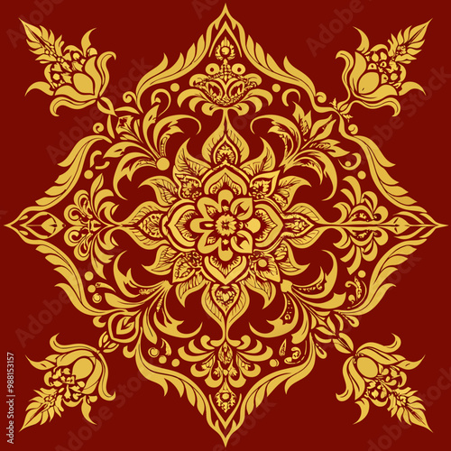 A repeating pattern inspired by Northern Thai Lanna art, featuring intricate floral motifs and swirling lines in gold on a deep red background.