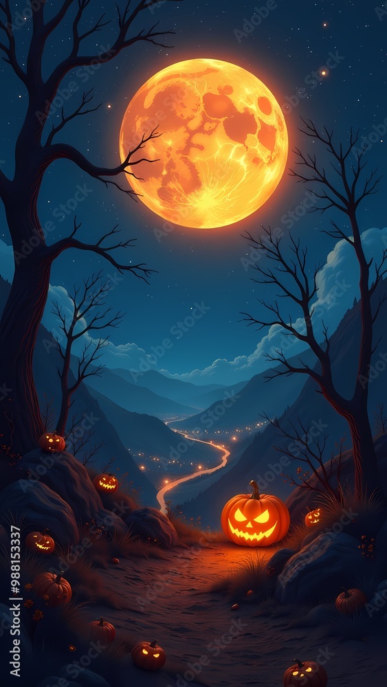 Spooky pumpkin landscape under a full moon at night. Spooky pumpkin landscape under a full moon at night.