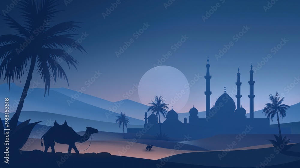 Obraz premium Desert Mosque with Camel Silhouette