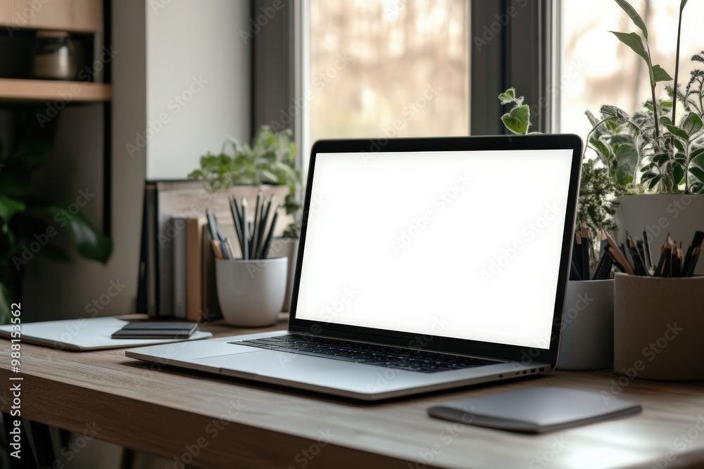 Modern office desk workspace with laptop computer blank screen mockup Modern office desk workspace with laptop computer blank screen mockup