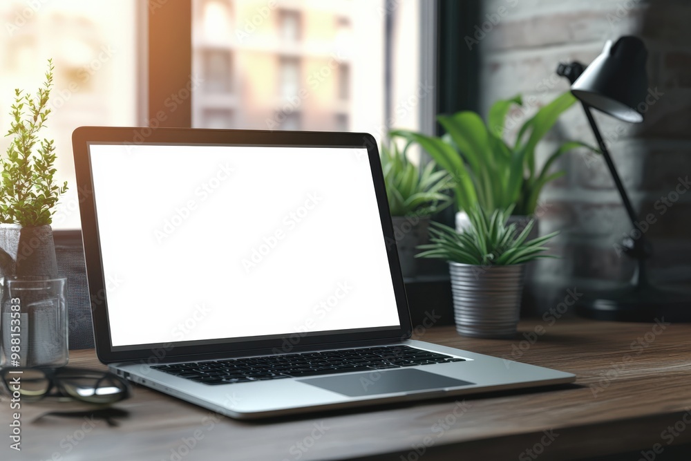 Modern office desk workspace with laptop computer blank screen mockup Modern office desk workspace with laptop computer blank screen mockup