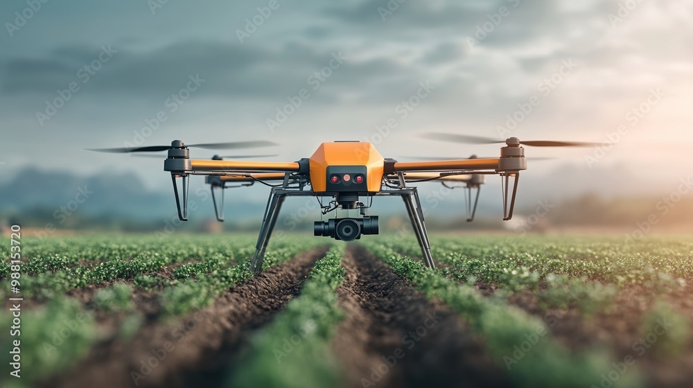 A modern drone equipped with a camera flying over a vibrant field, showcasing agricultural technology in action. A modern drone equipped with a camera flying over a vibrant field, showcasing agricultural technology in action.
