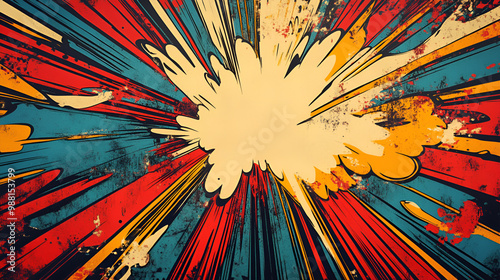 Comic book explosion background old retro comic exploding red star comic illustrations with a fauvist color palette of light yellow and blue. the style is reminiscent of kenneth Vintage Dynamic Visual photo