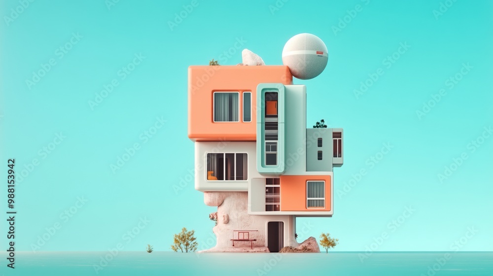 A modern, colorful abstract house design set against a bright blue background, blending creativity with architectural innovation. A modern, colorful abstract house design set against a bright blue background, blending creativity with architectural innovation.