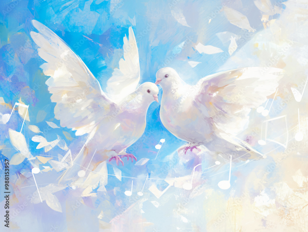 Fototapeta premium An artistic illustration features two white doves amidst a light blue background, surrounded by musical notes and soft feathers, symbolizing peace for culture & religion.