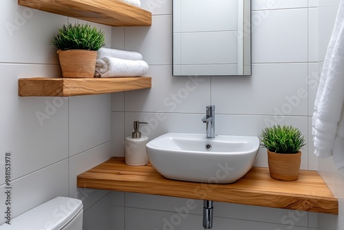 A clean, white bathroom with a simple mirror, a small potted plant, and natural wood shelves