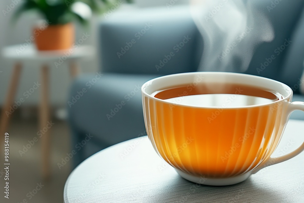 A close-up of a cup of herbal tea, with steam rising in a calm, peaceful living room setting A close-up of a cup of herbal tea, with steam rising in a calm, peaceful living room setting