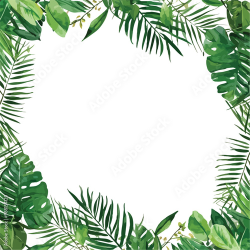 Hand drawn branches and leaves of tropical plants. Natural green background with space for text. Watercolor floral frame
