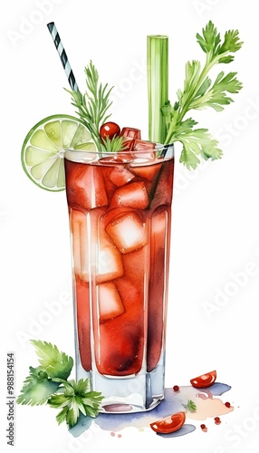 drawn bloody alcohol cocktail white hand celery illustration watercolor background olated mary  bloody mary cocktail drink tomatoes juice glasses alcohol celery bar ice cold vodka beverage background