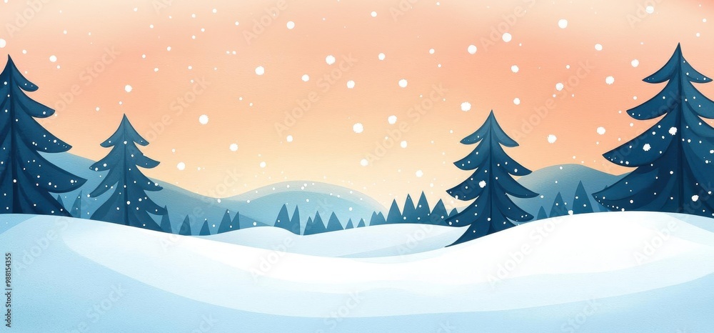 Serene snowfall at dawn, flakes softly covering the landscape, peaceful winter glow, Watercolor style Serene snowfall at dawn, flakes softly covering the landscape, peaceful winter glow, Watercolor style