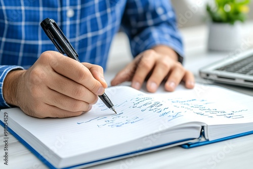 A close-up of a marketer's hand writing ideas, brainstorming slogans and campaign messages in a notebook