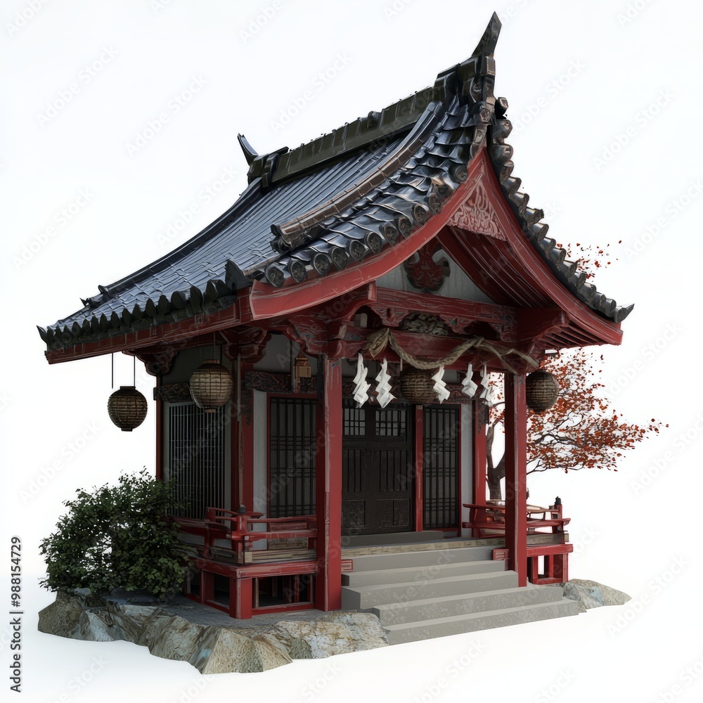3D Render of a Japanese temple with intricate roof tiles and hanging lanterns, on isolated white background 3D Render of a Japanese temple with intricate roof tiles and hanging lanterns, on isolated white background