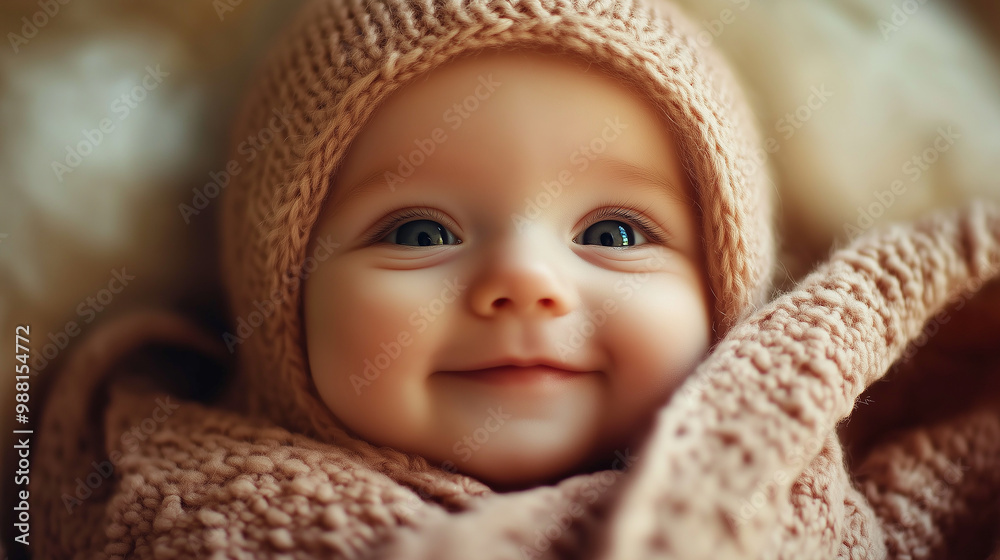 Adorable Baby Wrapped in Knit Blanket: Cozy and Happy Adorable Baby Wrapped in Knit Blanket: Cozy and Happy