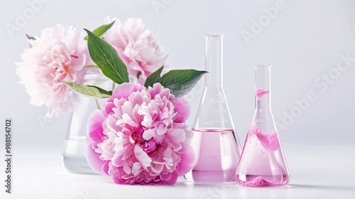 A beautiful arrangement features pink peonies and glass flasks filled with pink liquid, combining floral beauty and scientific aesthetics for lifestyle.