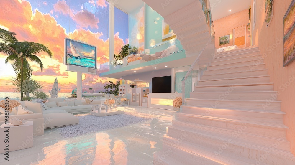 Fototapeta premium Modern Beach House Interior with Ocean View and Wooden Stairs