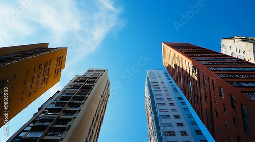 A low angle view of four buildings against a blue sky with white clouds. photo