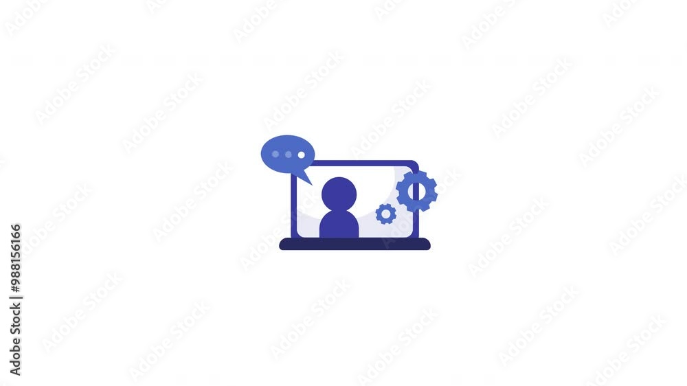 A Animation blue laptop with a user icon on the screen and three gears on the right side. A Animation blue laptop with a user icon on the screen and three gears on the right side.