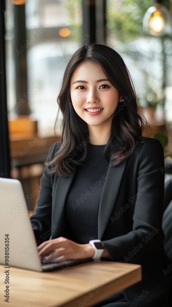 Smiling Successful Asian Woman Sitting at Her Desk Working on a Laptop Computer Smiling Successful Asian Woman Sitting at Her Desk Working on a Laptop Computer