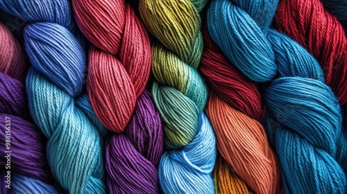 A vibrant collection of multi-colored yarn skeins arranged closely together, featuring bright shades of blue, red, and green.